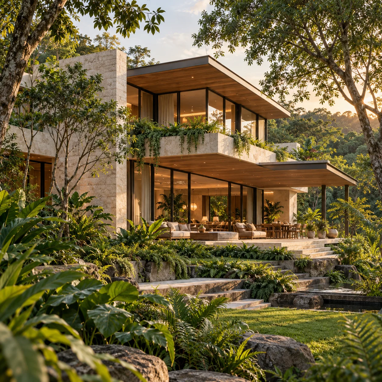 Imagen conceptual de arquitectura moderna con piedra, madera y grandes ventanales integrada en un jardín tropical.